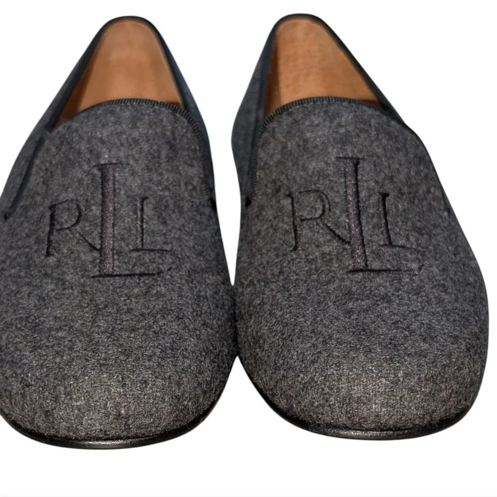 Ralph Lauren Gray Wool loafer size 5.5 B Monogrammed Leather sole Brazil preppy